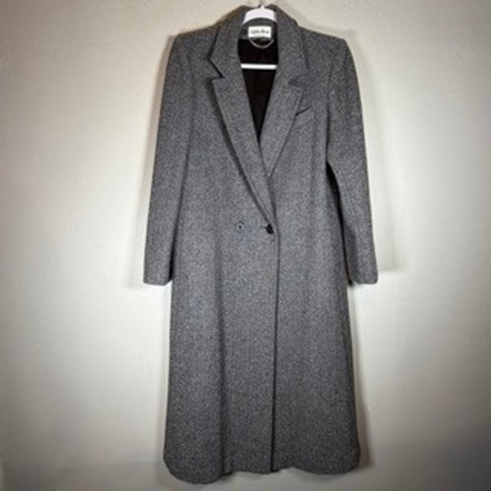 Ashley Scott Vintage Wool Herringbone Coat Grey‎ Long Double Breasted Medium